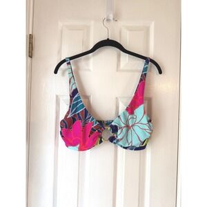 Vince Camuto Tropical Floral Print Bikini Top Ring Detail‎ Halter Style Large